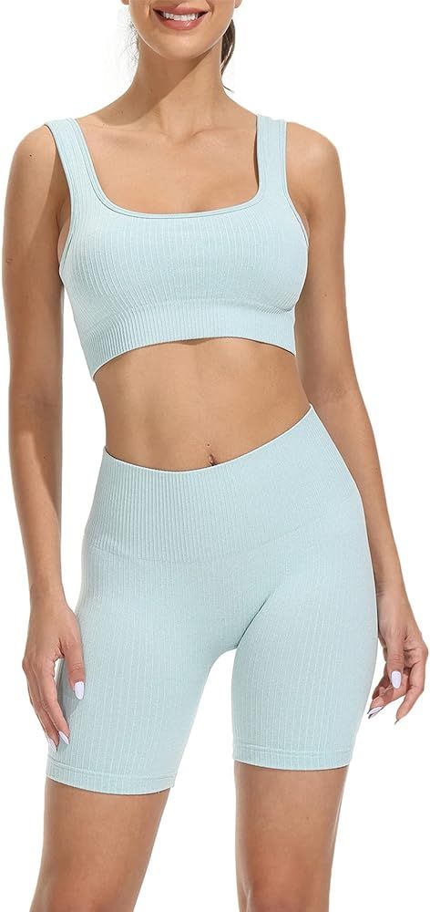 Hotexy Workout Sets for Women Active 2 Pieces Ribbed High Waisted Shorts with Seamless Sports Top... | Amazon (US)