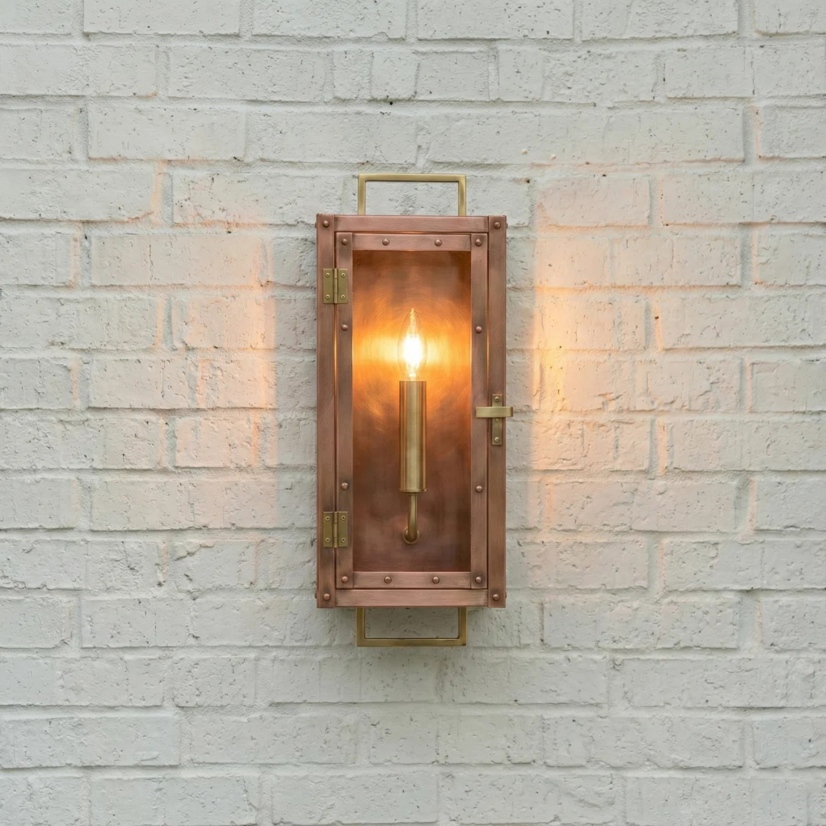 18 in. 1-Light Antique Copper With Brass Accents Outdoor Wall Lantern With Clear Glass Panes | Wayfair North America