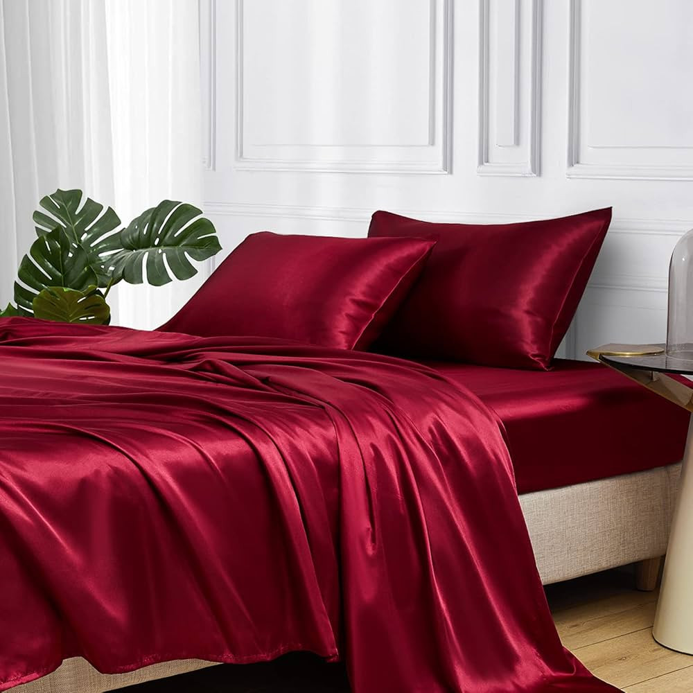 MR&HM Satin Bed Sheets, Twin Size Sheets Set, 3 Pcs Silky Bedding Set with 15 Inches Deep Pocket ... | Amazon (US)