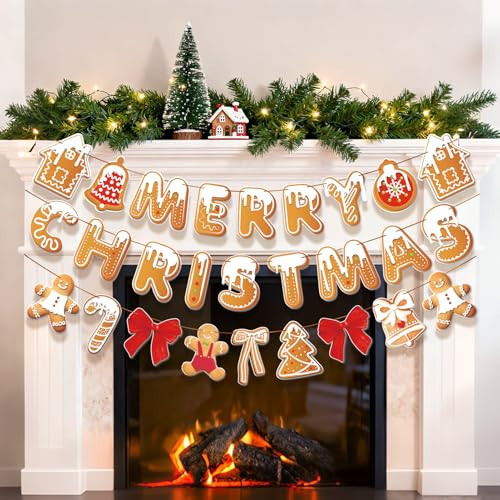 Merry Christmas Banner Gingerbread Christmas Hanging Decoration 3PCS Gingerbread Theme Garland Banner for Holiday Home Office Fireplace Wall Decor Outdoor Indoor Xmas Party Banner | Amazon (US)