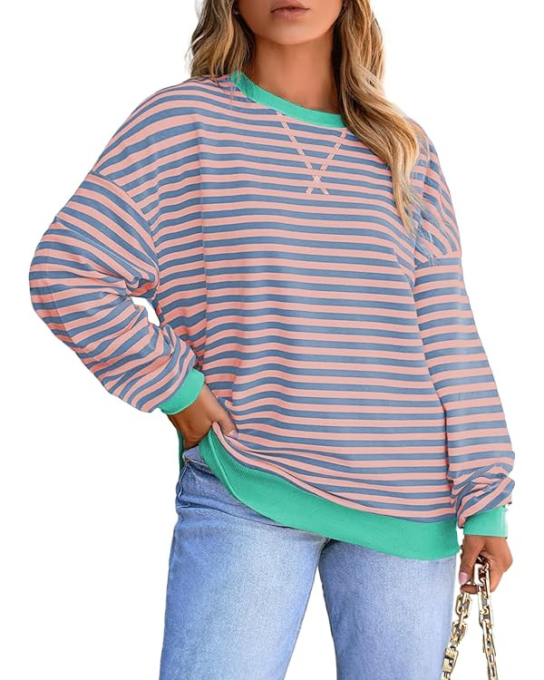 Eytino Women Plus Size Sweatshirt Striped Color Block Crew Neck Pullover Tops Long Sleeve Casual ... | Amazon (US)