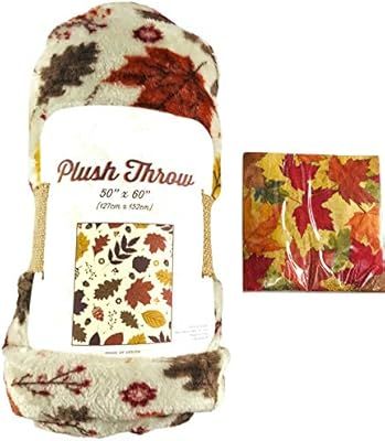 Fall Throw Blanket: Warm Autumn Red Yellow Brown Beiges Colors, Leaves and Berries Design (Colorf... | Amazon (US)