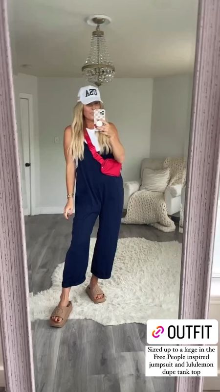 Summer outfit. Sandals. Memorial weekend. Looks for less. 
July 4th outfit. Sized up to a large in the tank top and jumpsuit. Free people inspired jumpsuit. 4th of July. Memorial weekend. Red, white and blue. Belt bag. Summer fashion. Trucker hat. Lake outfit 


#LTKSwim #LTKVideo