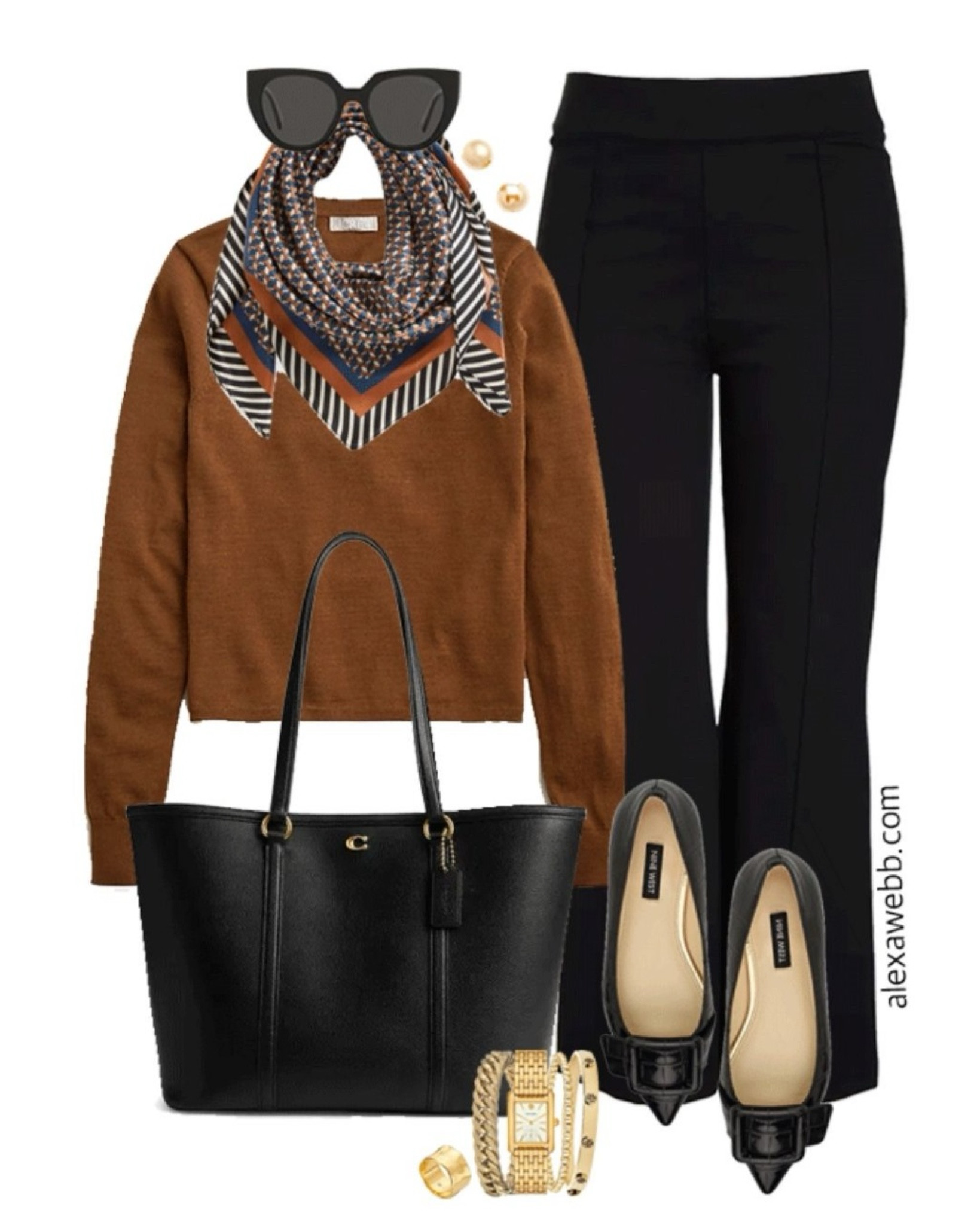 Plus size fall business casual work capsule wardrobe with a scarf, brown sweater, and black flare pants. Alexa Webb 

#LTKWorkwear #LTKStyleTip #LTKPlusSize