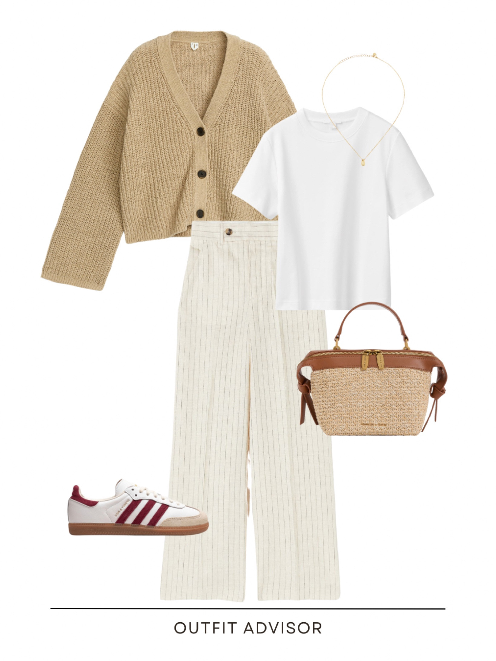 Chic beige spring outfit: a knit cardigan, white tee, striped linen trousers, charles & keith bag and adidas x sporty & rich sneakers 

#LTKitbag #LTKstyletip #LTKworkwear