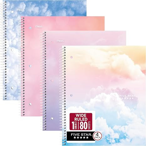 Five Star Spiral Notebook + Study App, 1 Subject, Wide Ruled Paper, 8" x 10-1/2", 80 Sheets, Clou... | Amazon (US)