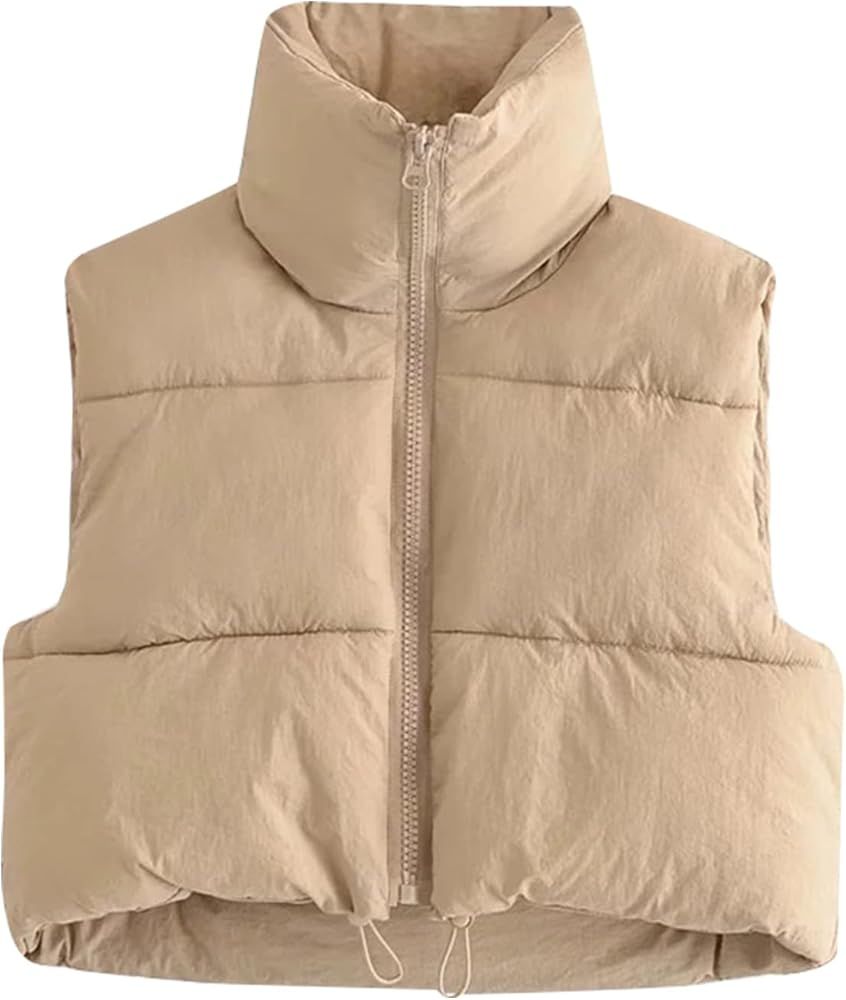 Womens Cropped Puffer Vest Full Zip Gilet Sleeveless Puffer Jacket Winter Quilted Coat | Amazon (US)