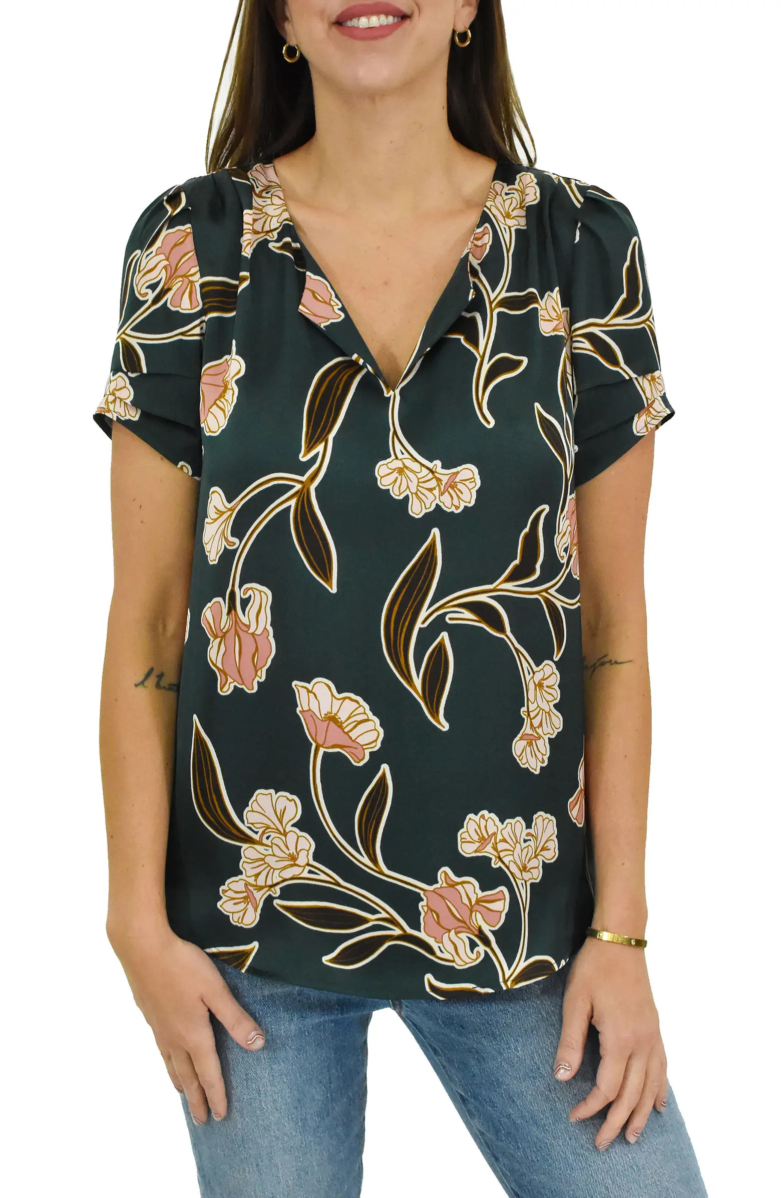 Floral Print Split Neck Satin Top | Nordstrom Rack