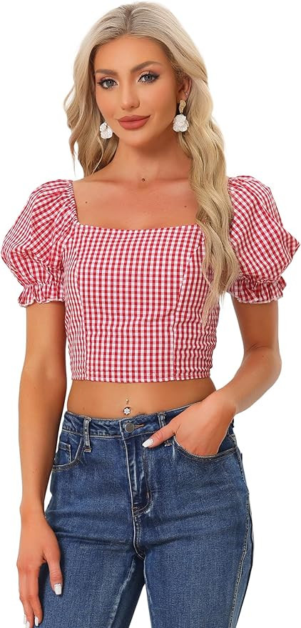 Allegra K Smocked Crop Top for Women's Bubble Sleeve Peasant Gingham Plaid Tops | Amazon (US)