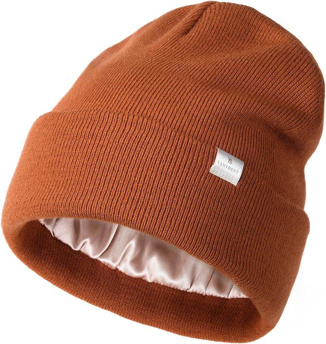 YANIBEST Womens Saitn Lined Knit Beanie Hat Acrylic Winter Hats for Women Men Silk Lining Soft Slouc | Amazon (US)