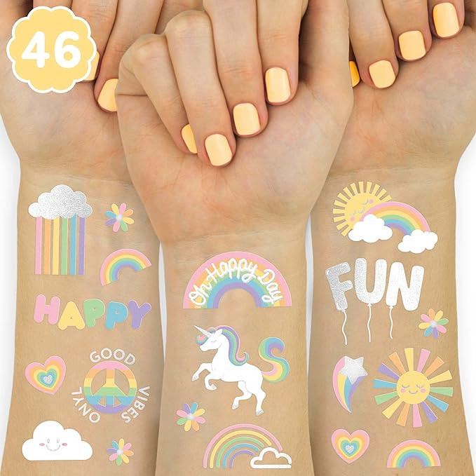 xo, Fetti Rainbow Temporary Tattoos - 46 Glitter Styles | Unicorn Birthday Party Supplies, Oh Hap... | Amazon (US)