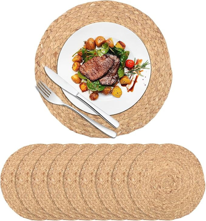 Boho Woven Placemats Set of 10 pc, 13 Inch Natural Water Hyacinth Chargers, Rustic Round Table Ma... | Walmart (US)