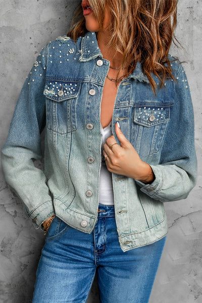 Beaded Diamond Washed Distressed Ripped Denim Jacket | Evaless