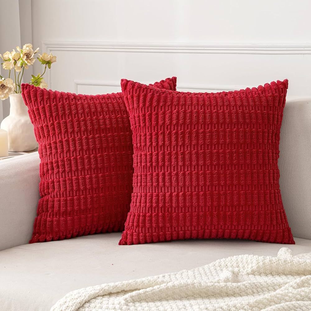 MIULEE Pack of 2 Red Corduroy Decorative Throw Pillow Covers 18x18 Inch Soft Boho Striped Pillow ... | Amazon (US)