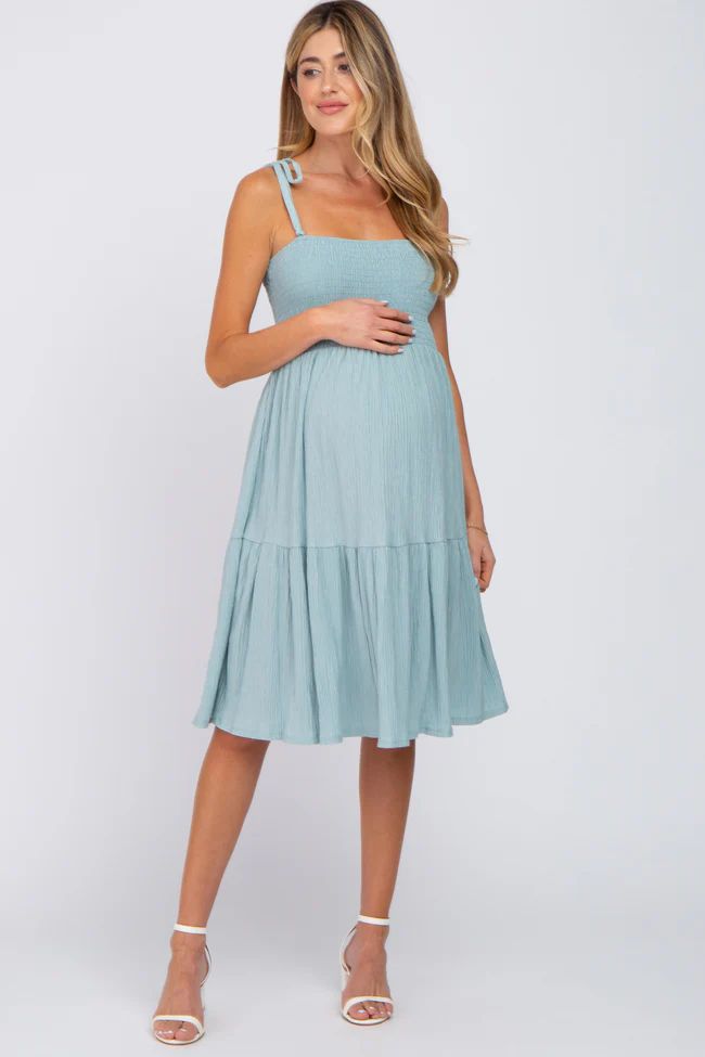 Mint Green Smocked Shoulder Tie Maternity Dress | PinkBlush Maternity