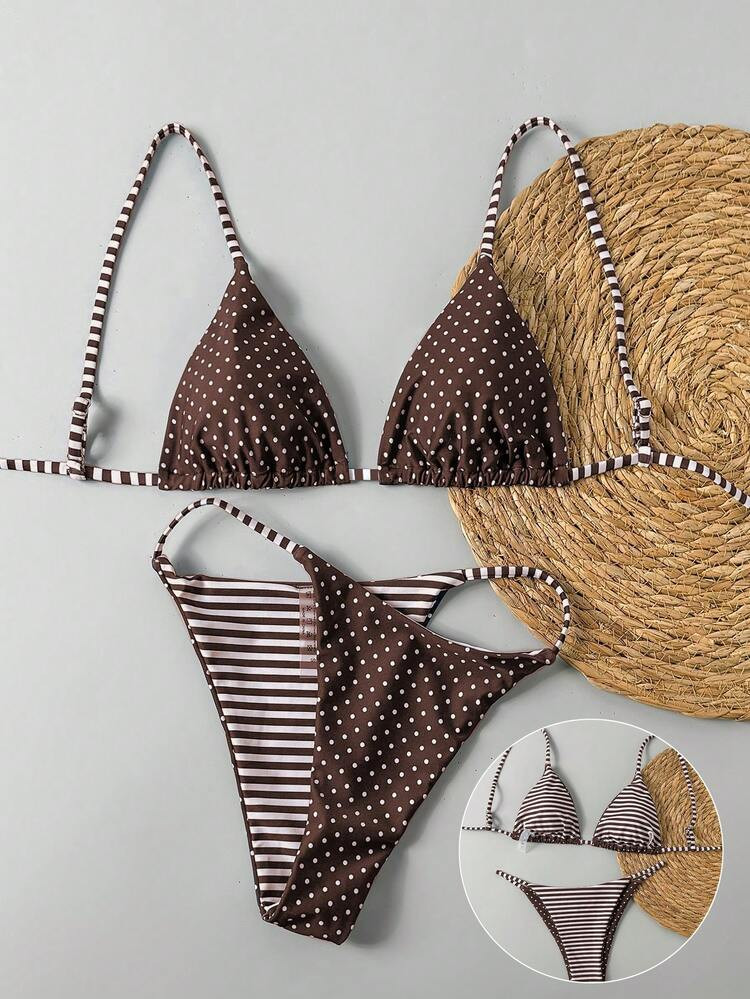 Swim Mod 2pcs/Set Women Striped & Polka Dot Reversible Casual Swimwear Set | SHEIN