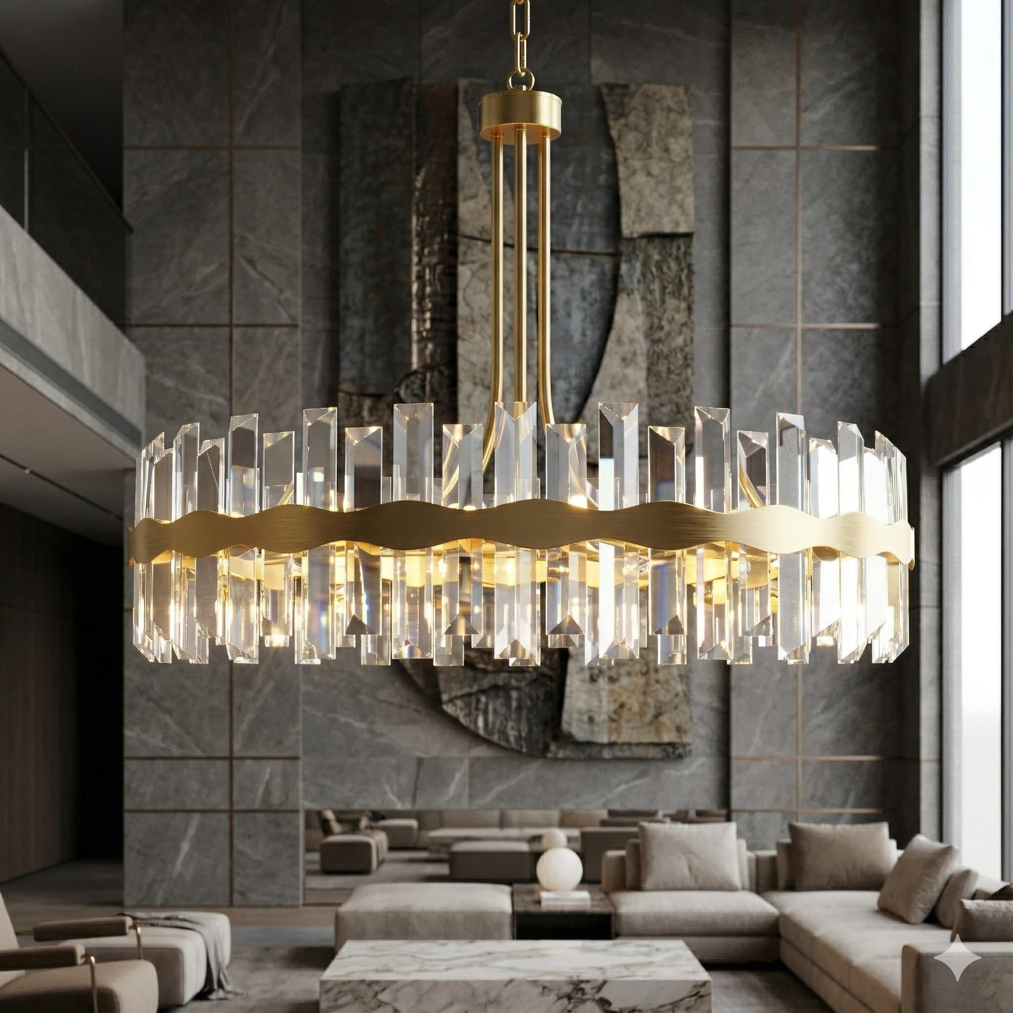 Maxax Modern Gold Crystal Chandelier, 31.1" Luxury Round Pendant Light Fixture with Clear Crystals, Adjustable Chain & Sloped Ceiling Compatible for Dining Room, Living Room, Foyer | Amazon (US)