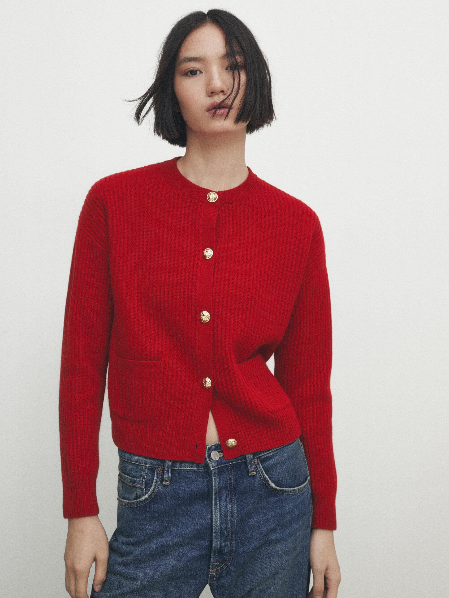 Wool and cashmere blend purl knit cardigan | Massimo Dutti US