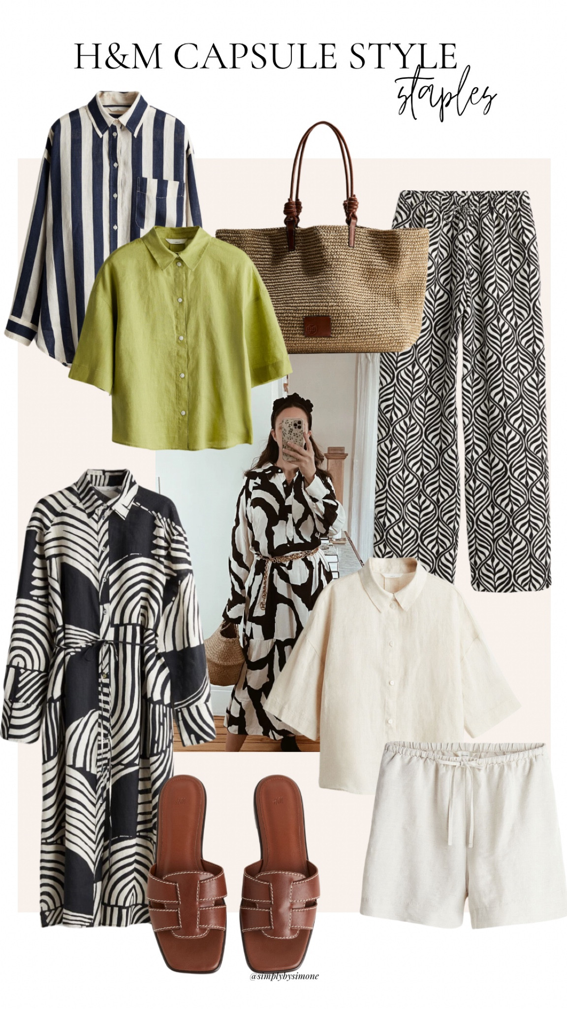H&M Spring Capsule Wardrobe, Mom Style, Comfortable Spring Outfits, Affordable Spring Outfits, Linen Set, Linen Pants, Printed Linen Pants, Printed linen dress, Affordable Raffia Tote Bag