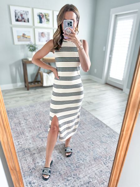 Amazon knit midi dress in XS. Striped dress. Resort wear. Summer dress. Summer outfit. Vacation outfit. Target sandals are TTS. 

#LTKFindsUnder50 #LTKShoeCrush #LTKTravel