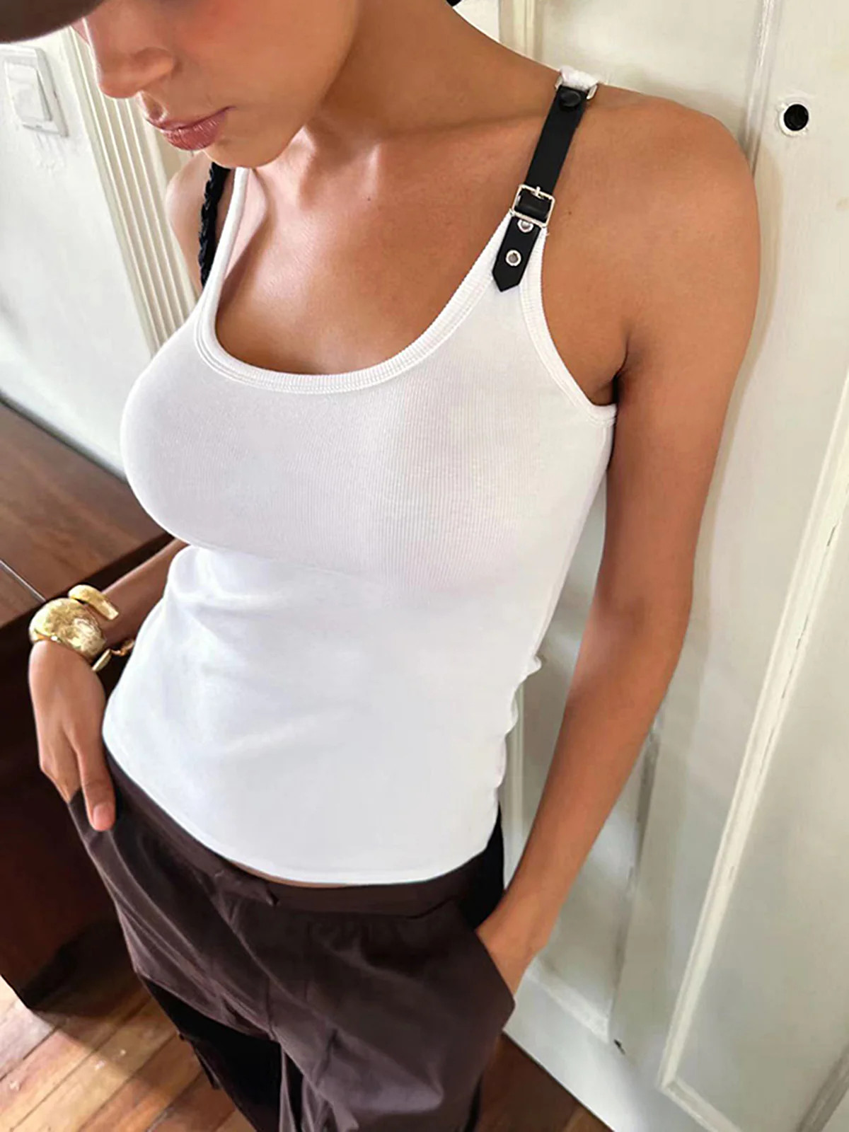 Ribbed Stretchy Faux Leather Buckle Vintage Tank Top | Commense