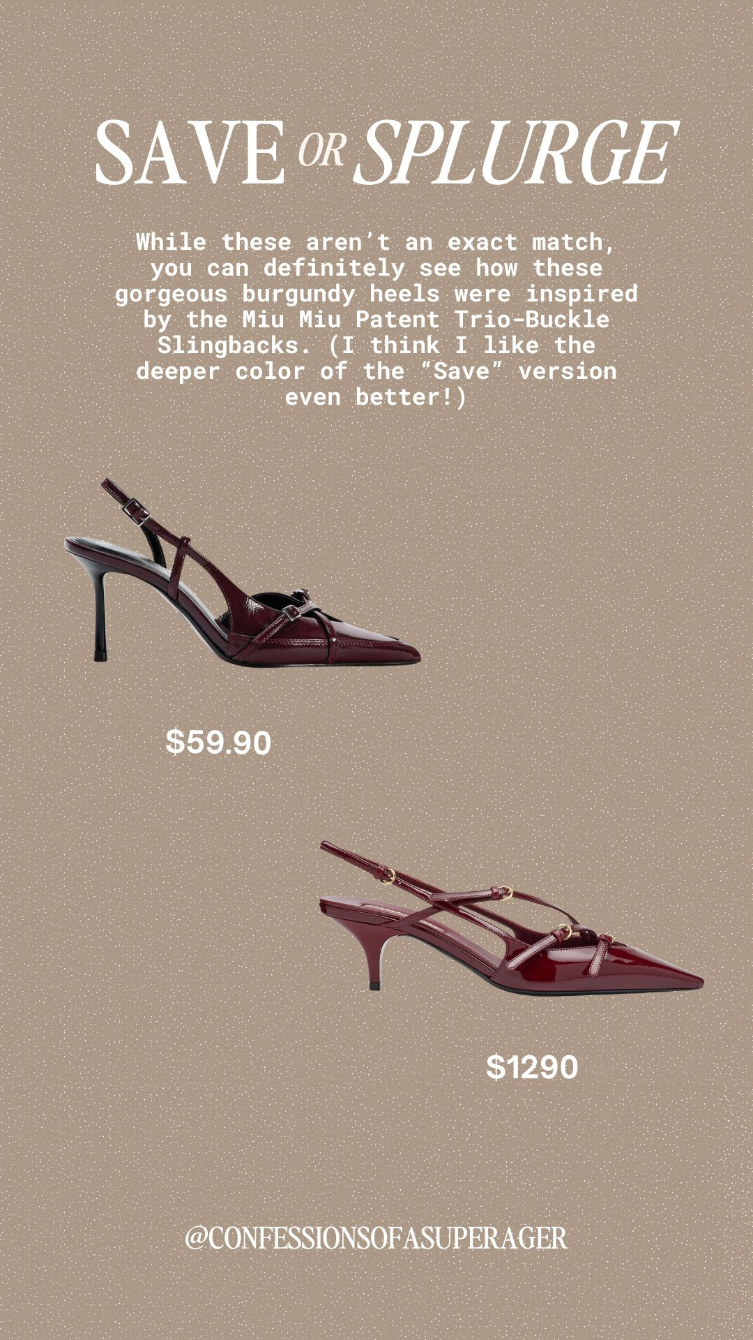 Save or Splurge? 👠 These stunning burgundy heels are giving major Miu Miu vibes — inspired by the iconic Patent Trio-Buckle Slingbacks. At just $59.90 vs. $1290, the ‘save’ version not only nails the look but I actually love the deeper color even more 😍✨ Perfect for fall outfits, holiday parties, or elevating your everyday chic style. 

 #ltksaveandsplurge #ltkshoecrush #miumiuheels #ltkfashionfinds #affordableluxury #lookforless #luxurydupes #fallfashiontrends #ltkstyle #confessionsofasuperager #LTKSaleAlert #LTKFindsUnder50 #LTKShoeCrush