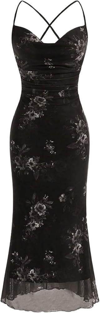 SOLY HUX Women's Floral Mesh Bodycon Cami Dress Cowl Neck Sleeveless Cocktail Party Wedding Guest... | Amazon (US)