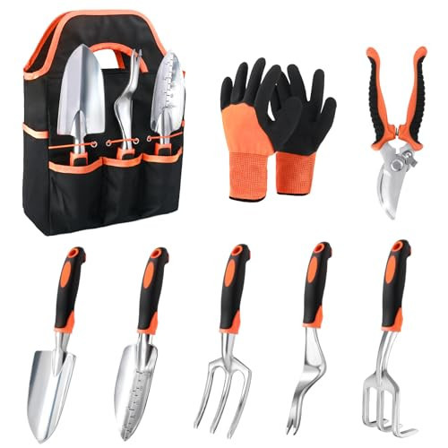 Garden Tools Set, 8 Piece Gardening Tools Set with Non Slip Ergonomic Handle, Heavy Duty Garden Tool Set with Storage Bag, Gardening Kit for Women, Gardening Hand Tools Gift for Women and Men, Orange | Amazon (US)