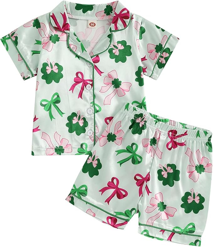Toddler Girl Boy Summer Pajamas Satin Bow&Clover Print Button Down Shirt Shorts Girls St Patricks... | Amazon (US)