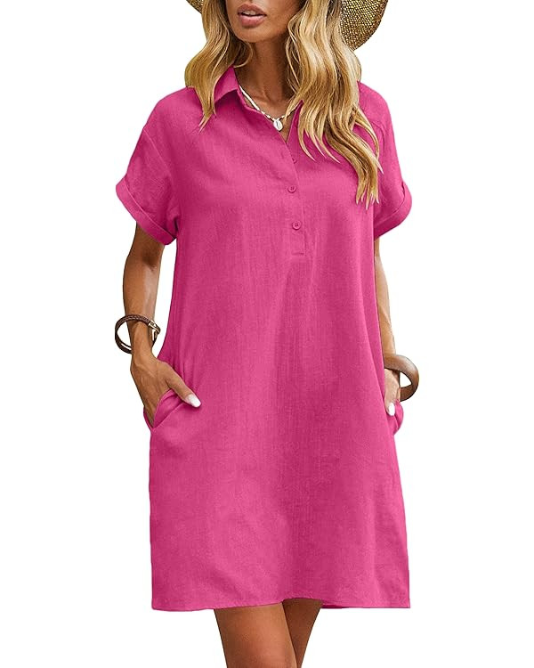 Zeagoo Womens Cotton Shirt Dress Summer Casual Short Sleeve Button Down Beach Cover Up Shirts wit... | Amazon (US)