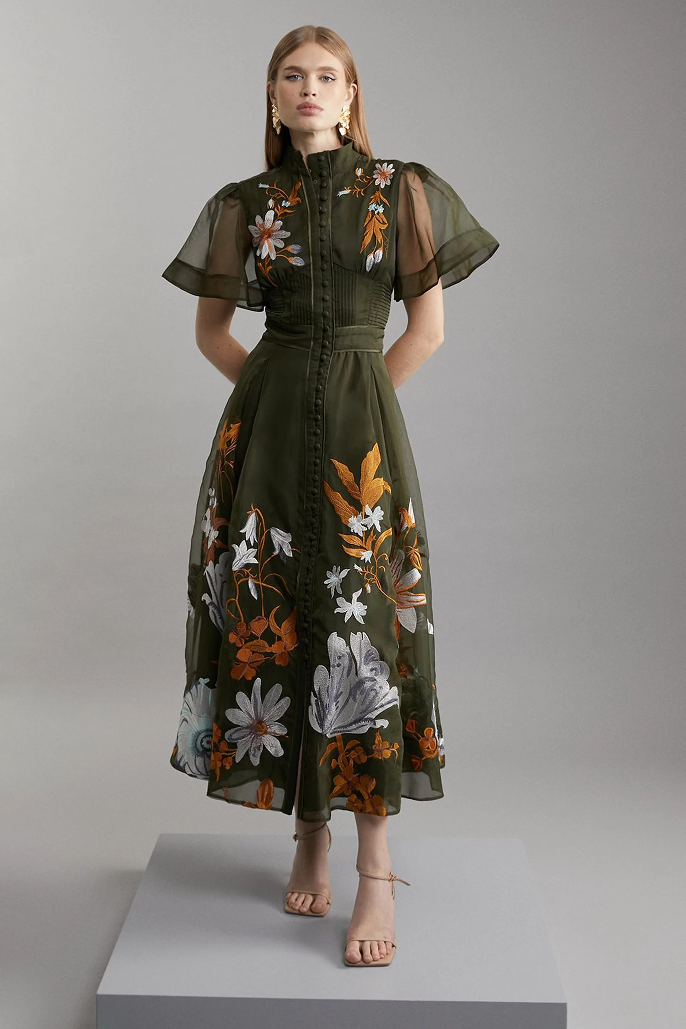 Botanical Embroidery Organdie Angel Sleeve Midi Dress | Karen Millen US