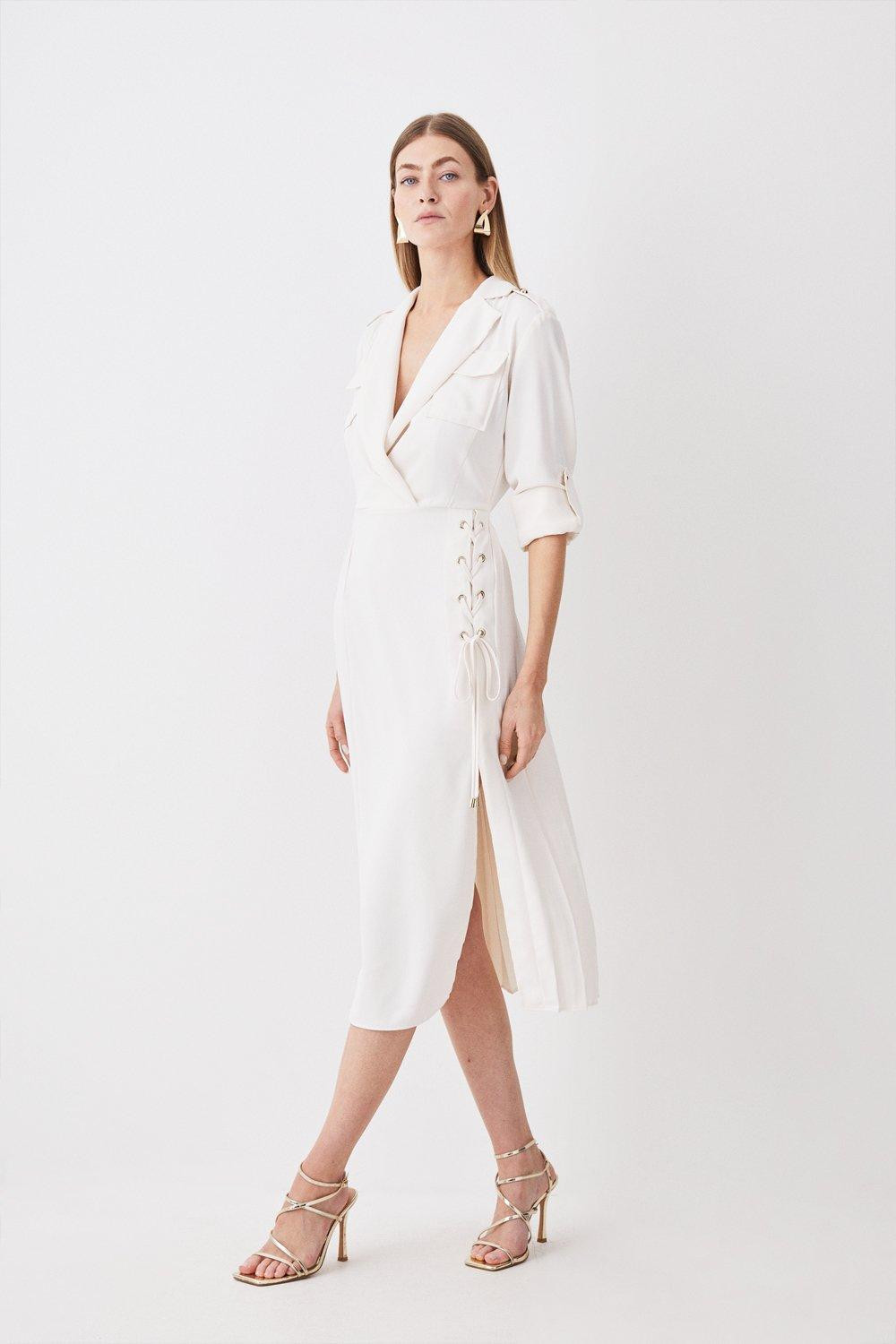 Soft Tailored Lace Up Pleated Shirt Dress | Karen Millen UK + IE + DE + NL