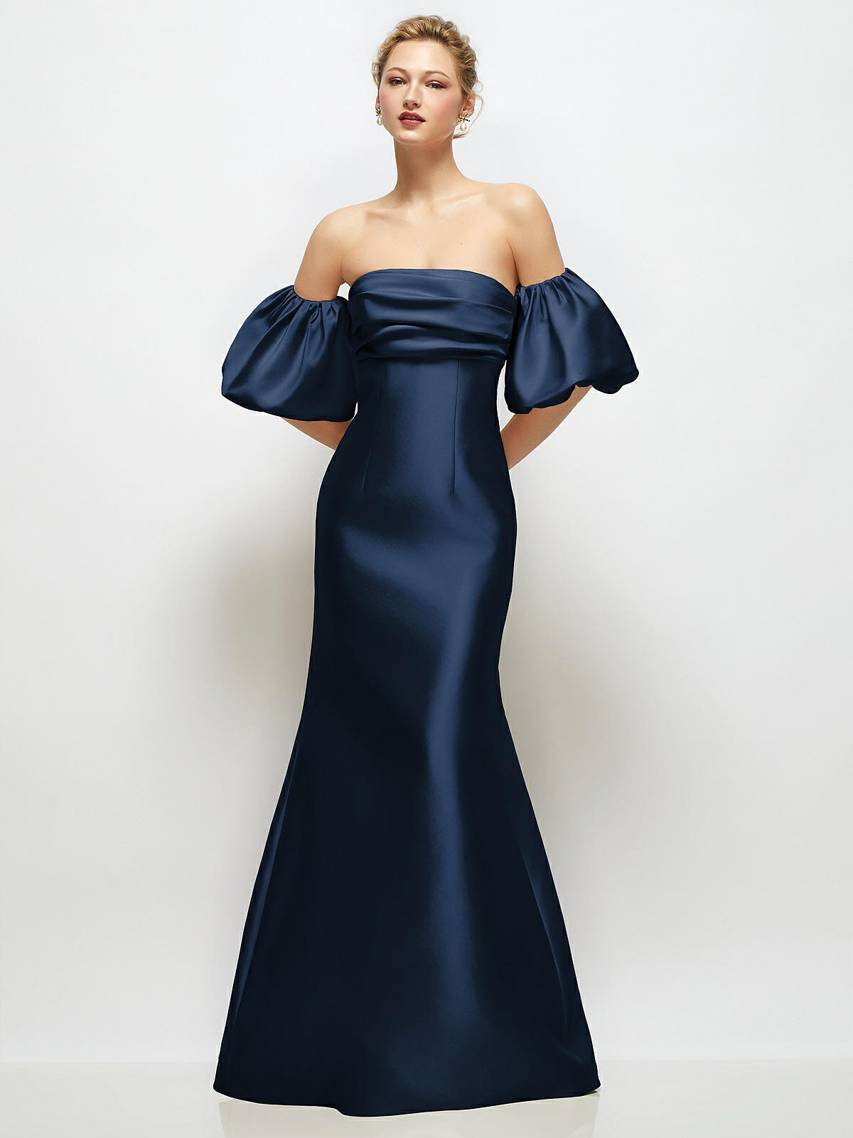Off-the-Shoulder Puff Sleeve Satin Maxi Dress with Flared Skirt in Midnight Navy | Dessy Group