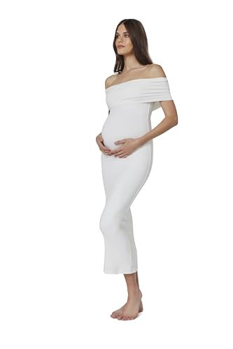 BUMPSUIT Off the Shoulder Maternity Dress for Pregnancy, Stretchy Fabric Foldover Neckline Ladies Long Maternity Maxi Dress Ivory | Amazon (US)