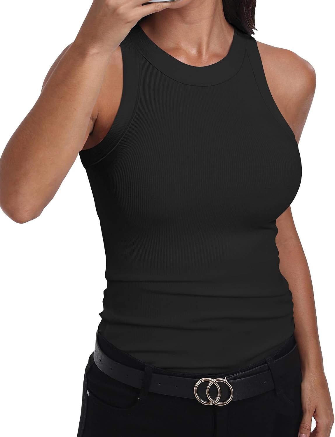 GEMBERA Womens Sleeveless Racerback High Neck Casual Basic Cotton Ribbed Fitted Tank Top Black M | Amazon (US)