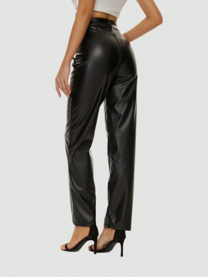 Women's High Waist Solid Color Pu Leather Straight Leg Pants | SHEIN