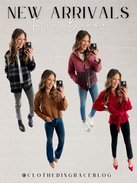 New arrivals from Bohme and code 15CLOTHEDIN will get you a discount! 

Plaid shacket - small
Puffer jacket - small
Chenille sweater - medium 
Red blouse - small
White tee - medium (size up) 