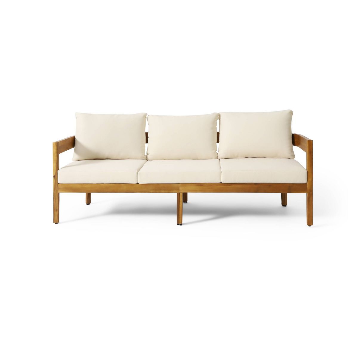 Brooklyn Outdoor Acacia Wood 3 Seat Sofa with Cushions Teak/Beige - Christopher Knight Home | Target