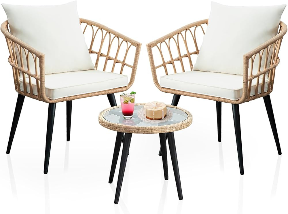 3 Piece Patio Bistro Sets, Outdoor Wicker Furniture Set, All-Weather Rattan Chairs Conversation S... | Amazon (US)