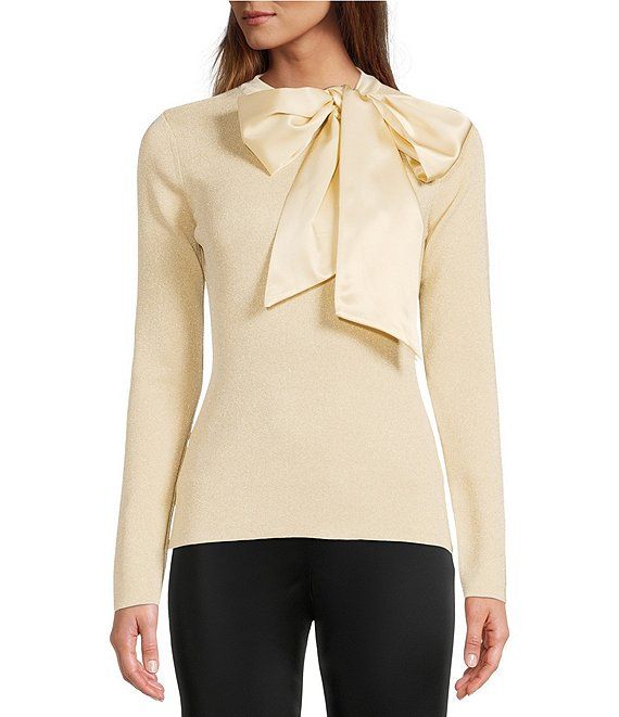 Lela Metallic Knit Mock Bow Neck Blouse | Dillard's