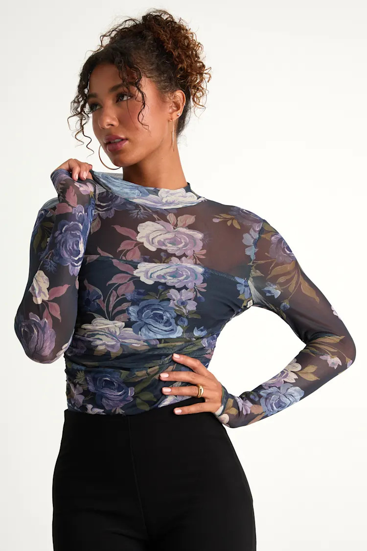 Clearly Alluring Blue Floral Mesh Long Sleeve Mock Neck Bodysuit | Lulus