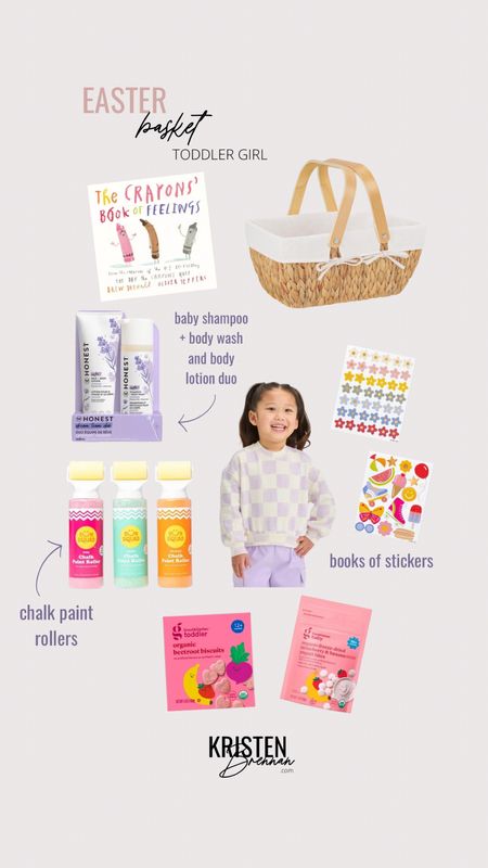 Easter basket Inspo for toddler girl using a picnic basket from Amazon (books, chalk paint, cute clothing, stickers, honest body wash + shampoo and body lotion, and of course some snacks)

#LTKkids #LTKSeasonal #LTKfindsunder100