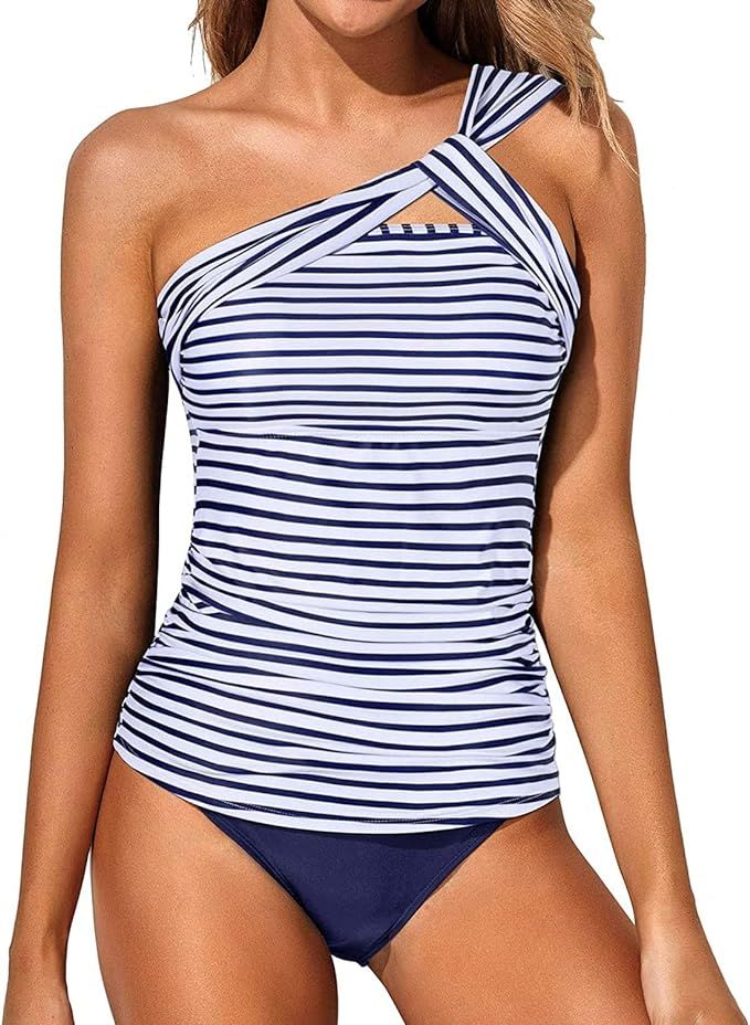 Tempt Me Two Piece Tankini Bathing Suits for Women One Shoulder Swim Top with Bottom Swimsuits | Amazon (US)