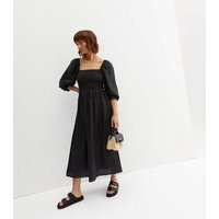 Black Linen-Look Shirred Square Neck Midi Dress New Look | New Look (UK)