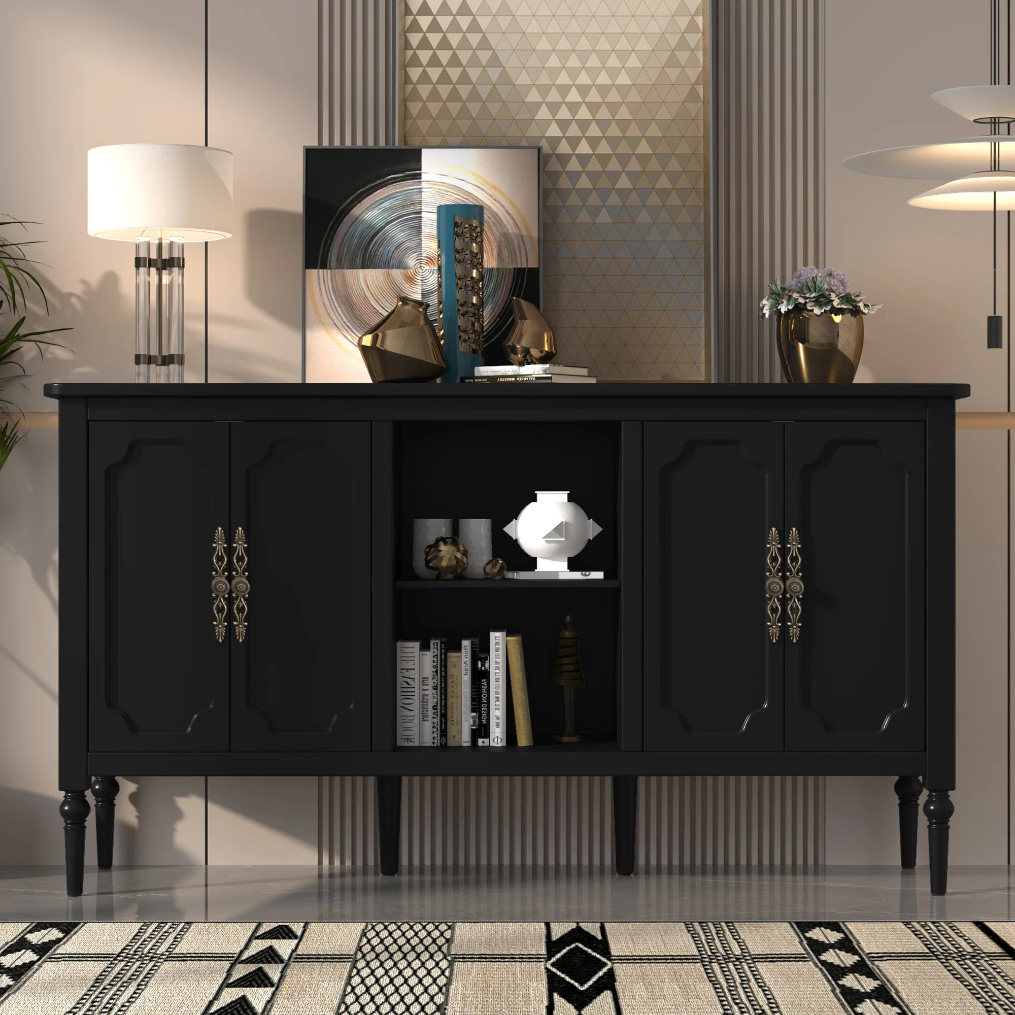 Gurbachan 59-in Vintage four-door cabinet with open shelves | Wayfair North America