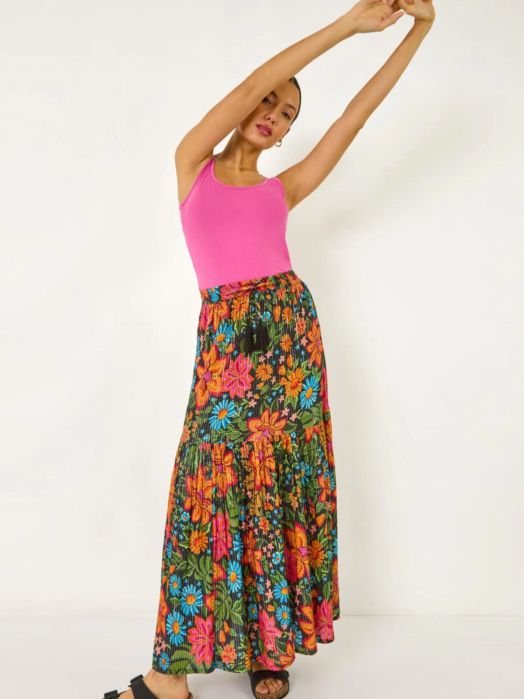 Roman Roman Black Floral Print Tiered A-Line Skirt | Next US