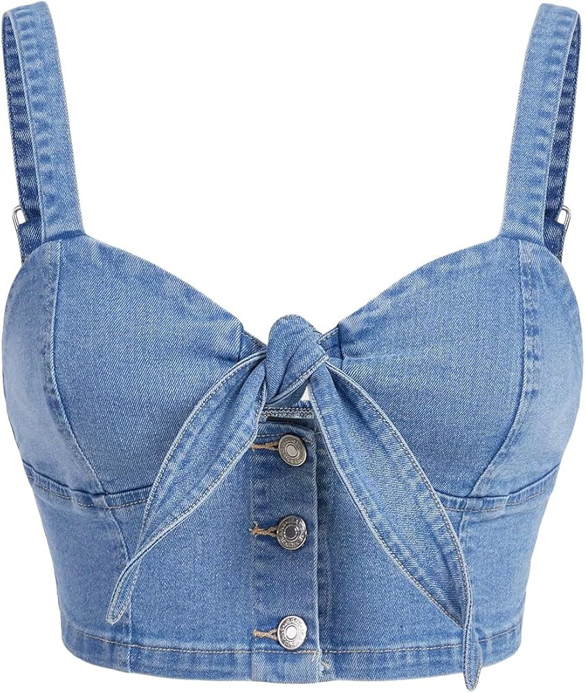 Women's Backless Denim Cami Crop Top Sweetheart Neck Button Tie Front Jean Camisole | Amazon (US)