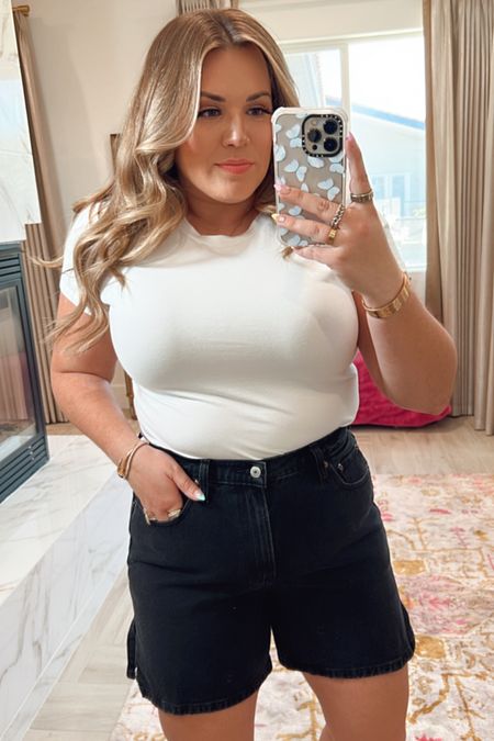 curvy spring denim shorts look! wearing size xl in fitted white cropped tee and size 32 in black mid length denim shorts 

#LTKcurves #LTKunder50 #LTKSeasonal