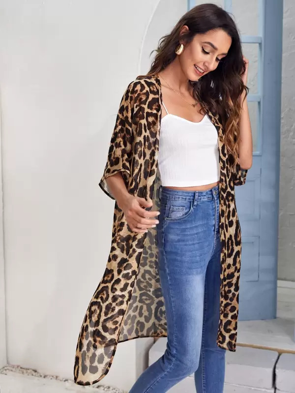 SHEIN Open Front Split Hem Leopard Chiffon Kimono | SHEIN