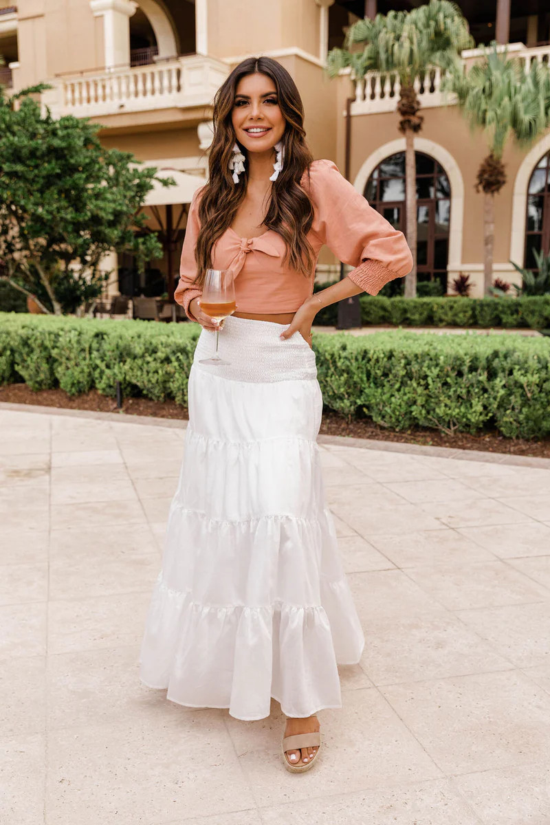 Lucky For You White Smocked Waist Maxi Skirt | The Pink Lily Boutique